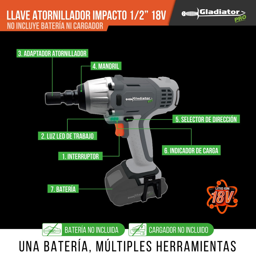 Llave-Atornillador Impacto 1/2" 18v Sin Batería ALI 812 - Gladiator