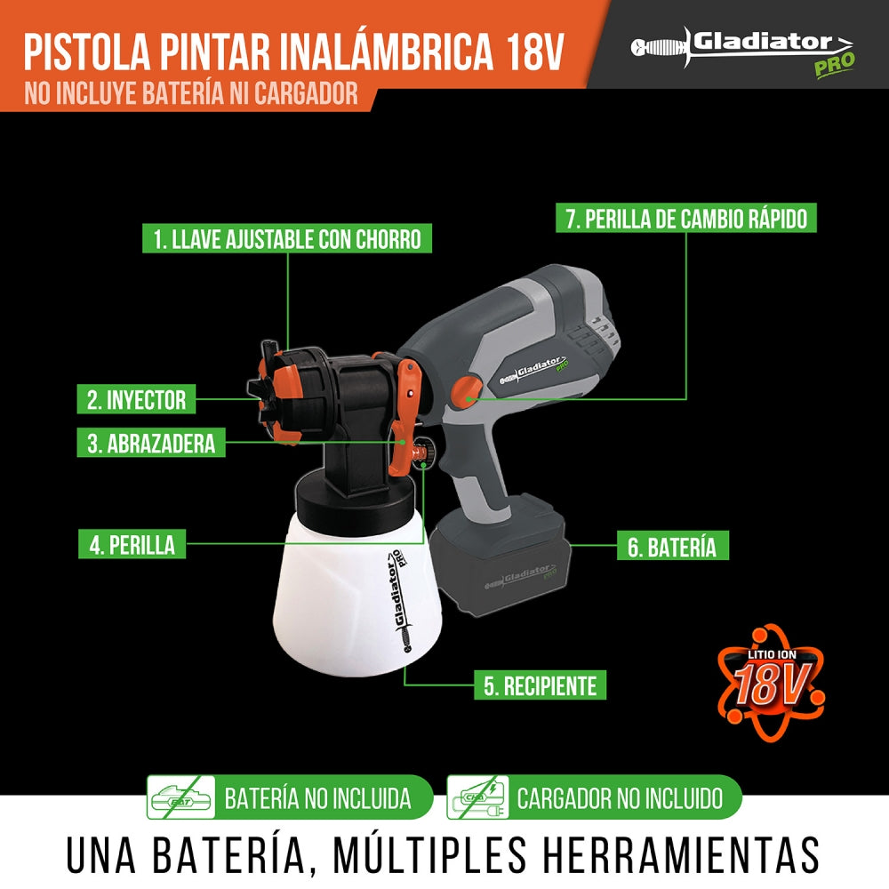 Pistola de Pintar 18V. Sin Bateria - Gladiator