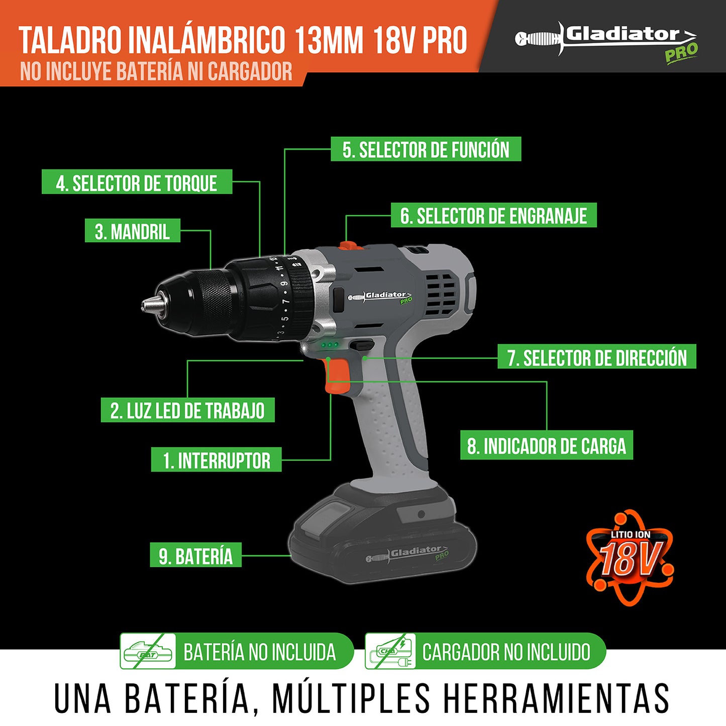 Taladro Atornillador Percutor 13 mm. Inalámbrico Sin Batería - GLADIATOR TP 813/18 Pro