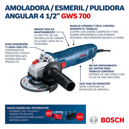 Esmeril Angular de 4 1/2" 115 mm. GWS 700 con 5 Discos - Bosch