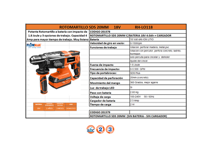 ROTOMARTILLO SDS PLUS 20MM 1 BATERIA 18V 4.0Ah + CARGADOR - FLOWMAK