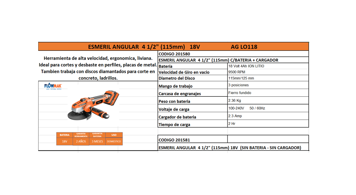 ESMERIL ANGULAR 4 1/2" 18V 1 BATERIA 4.0Ah + 1 CARGADOR - FLOWMAK