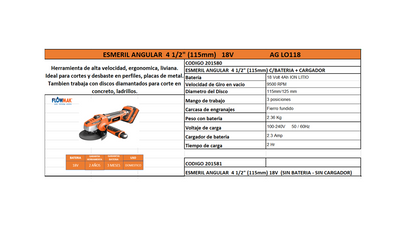 ESMERIL ANGULAR 4 1/2" 18V 1 BATERIA 4.0Ah + 1 CARGADOR - FLOWMAK