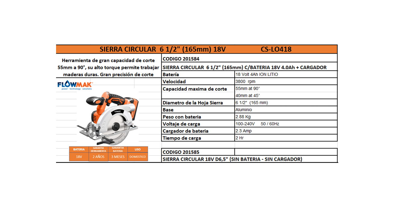 SIERRA CIRCULAR 6 1/2" 18V 1 BATERIA 4.0Ah + 1 CARGADOR - FLOWMAK