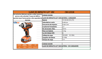LLAVE IMPACTO 1/2 18V 1 BATERIA 2.0Ah + 1 CARGADOR - FLOWMAK