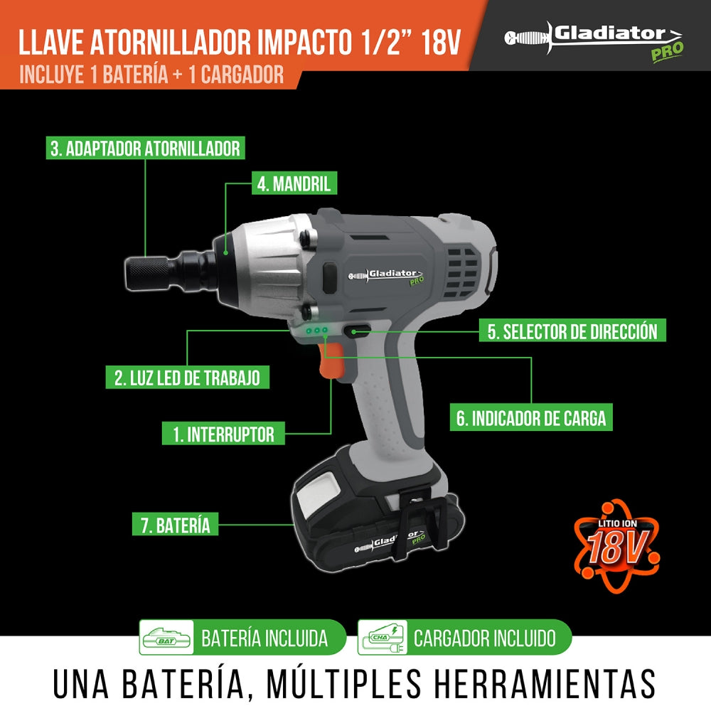 Llave-Atornillador Impacto 1/2" 18v 1 BAT ALI 812 - Gladiator