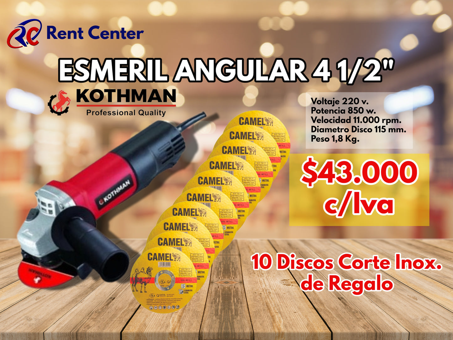 Oferta Esmeril Angular de 4 1/2" - 850 w. - Kothman mas 10 Discos Corte Acero Inox.