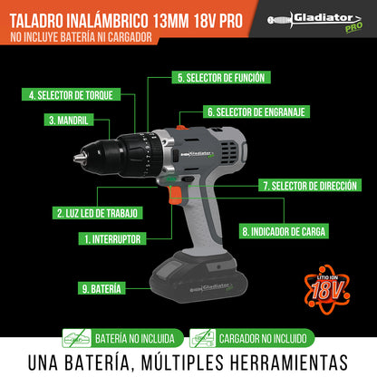 Taladro Atornillador Percutor 13 mm. Inalámbrico Sin Batería - GLADIATOR TP 813/18 Pro