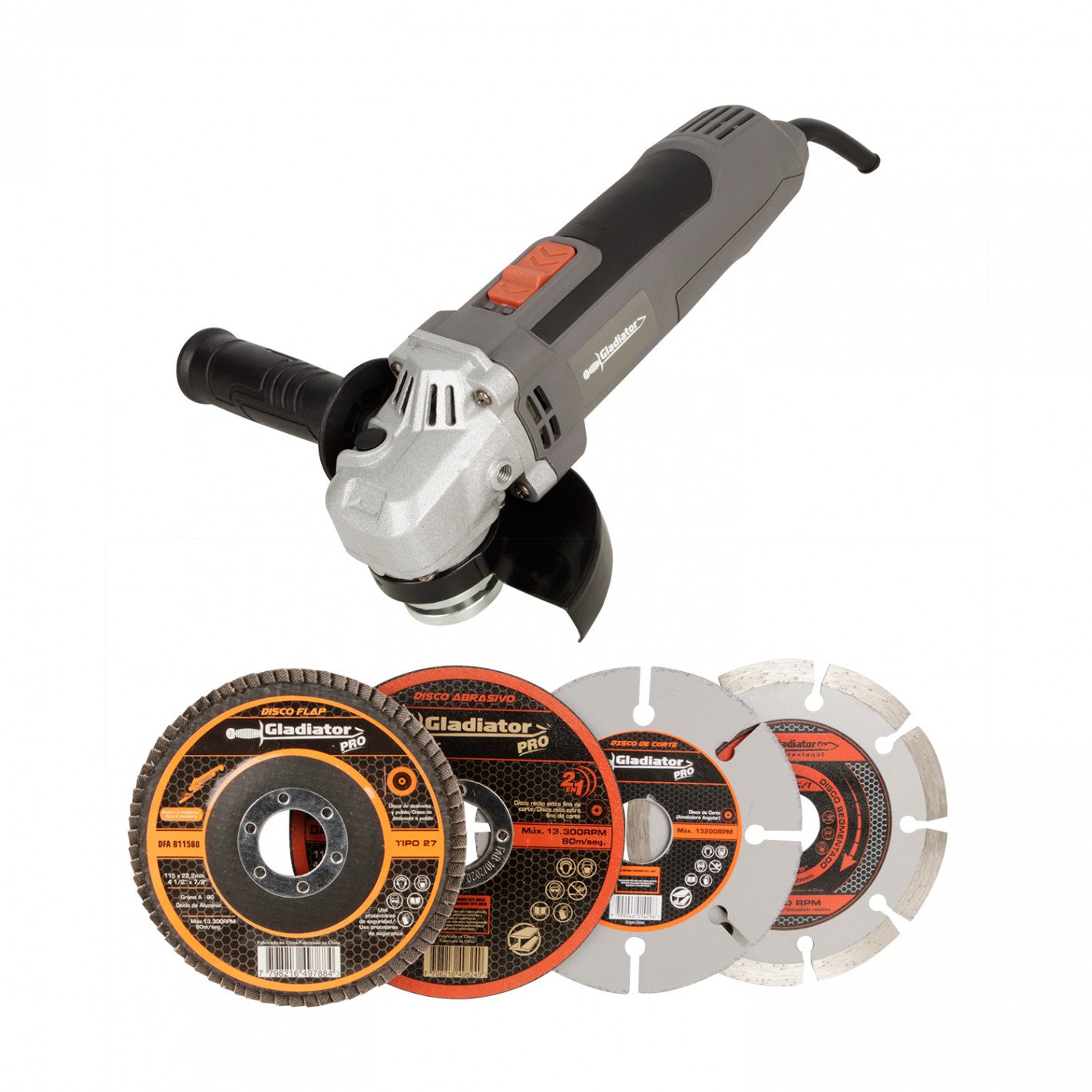 Esmeril Angular 4 1/2" 700w + 4 Discos Vel/Variable AA 415/2/220 - Gladiator